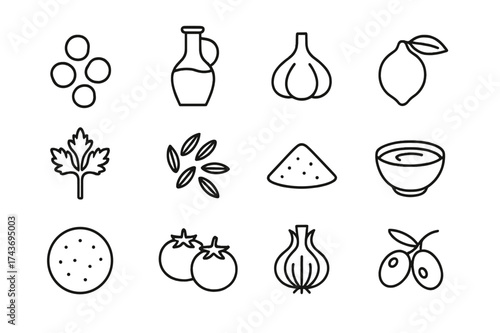 Mediterranean Ingredients Icons. Mediterranean ingredients. Line icon set of Mediterranean ingredients: chickpeas, olive oil, garlic, lemon, parsley, cumin,