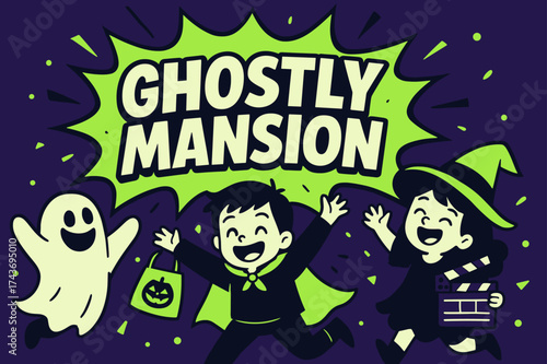 Ghostly Mansion Banner. GhostlyMansion banner, flat vector illustration, bold oversized text inside comic burst, cartoon characters jumping and waving near
