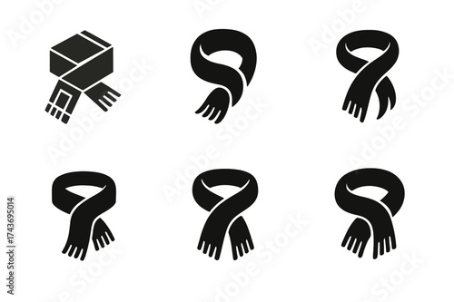 Harmonious Fall Logos. Fall fashion accessories (gloves, hats, boots). Set Logo of scarf: folded scarf with flowing ends. harmonious logo variations of the