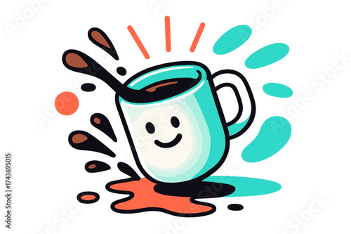 Energetic Coffee Splash. Coffee Energy. A glowing cup tipping slightly, splashing stains across a surface, floating abstract rays of morning energy. Modern