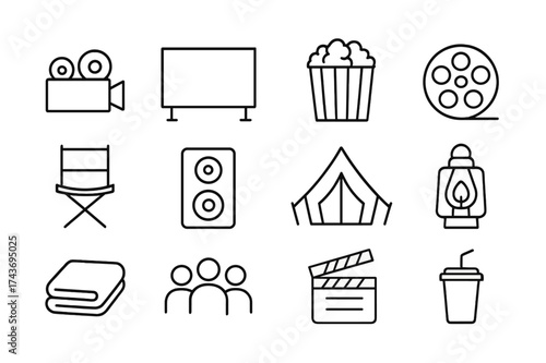 Outdoor Cinema Icons. Outdoor film screenings. Line icon set of Outdoor film screenings and movie nights: projector, movie screen, popcorn, film