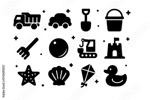 Children's Toys Icons. Children?s Toys. Solid icons set of Children?s Toys: Toy Truck, Mold, Shovel, Bucket, Rake, Ball, Toy Crane, Sandcastle, Starfish,