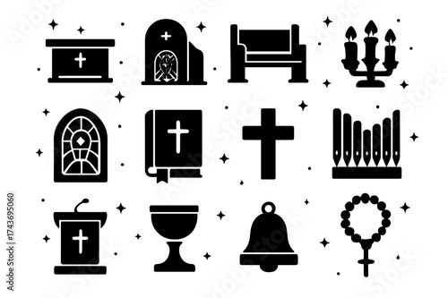 Church Icon Set. Church Interior. Solid icons set of Church Interior: altar, confessional booth, pews, candle stand, stained glass, bible, cross, organ pipes,