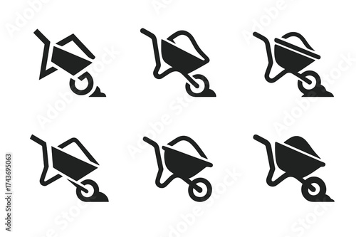 Wheelbarrow Logo Variations. Wheelbarrow with cement. Set Logo of tilted wheelbarrow: cement being poured out. harmonious logo variations of the same