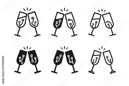 Digital Champagne Logos. Digital champagne flute services. Set Logo of Digital champagne flute services: clinking glasses. harmonious logo variations of the