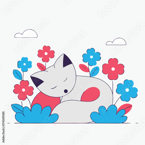 Fox Cub Sleeping in Flower Bed Editable Vector EPS10 Illustration