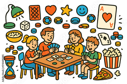 Family Card Game Night. Card Games. Colorful Hand-drawn doodle Children illustration playing cards, family, table, chairs, heart, star, dice, chips, timer,