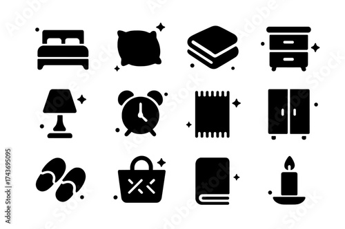 Bedroom Icons Collection. Bedroom essentials. Solid icons set of Bedroom essentials: bed, pillow, blanket, nightstand, lamp, alarm clock, rug, wardrobe,