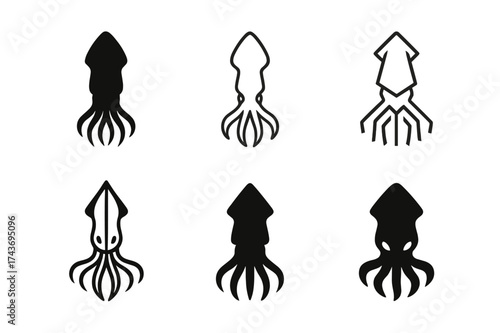 Squid Logo Variations. Exploration of ocean depths and undiscovered marine ecosystems. Set Logo of giant squid: legendary deep-sea creature in stylized form.