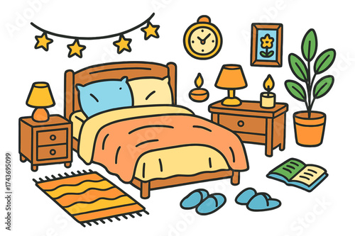 Cozy Room Sketch. Tranquil Room. Colorful Hand-drawn doodle Children illustration Tranquil Room bed, soft sheets, comforter, pillows, candle, lamp, nightstand,