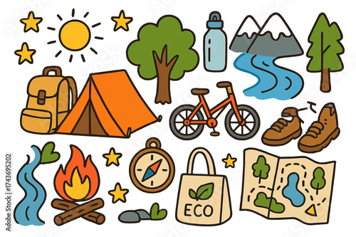 Colorful Camping Doodle. Camping. Colorful Hand-drawn doodle Children illustration Tent, backpack, campfire, mountain, river, reusable bottle, compass, sun,