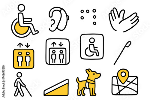 Universal Accessibility Icons. Universal Symbols. Hand-drawn doodle illustration wheelchair icon (colored), hearing aid, braille dots (colored), sign language