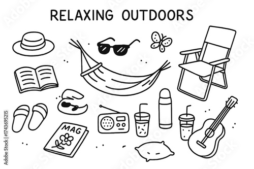 Outdoor Relaxation Icons. Relaxing Outdoors. Hand-drawn doodle illustration Relaxing Outdoors hammock, book, sunglasses, straw hat, pillow, folding chair,