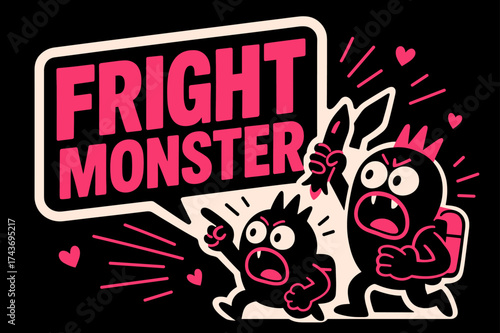 FrightMonster Cartoon Banner. FrightMonster banner, flat vector illustration, bold oversized text inside sticker outline shape, cartoon characters shouting and