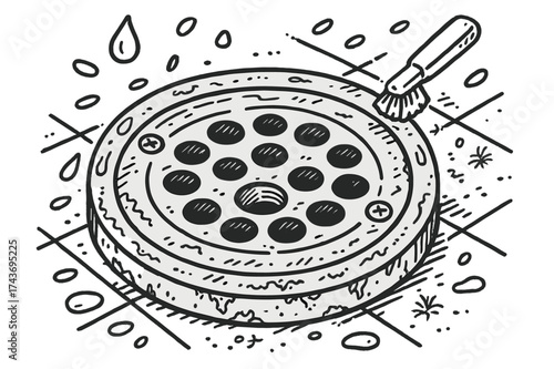 Floor Drain Close-Up. Floor Drain Cover Close-Up. Hand-drawn doodle illustration floor drain cover close-up circular grate, holes, screws, water droplets,