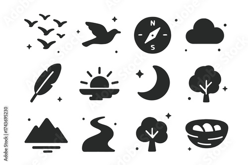 Bird Migration Icons. Bird migration. Solid icons set of Bird migration: flock in V-formation, flying bird, compass, globe, feather, cloud, sunrise, moon,