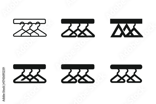 Closet Rod Logos. Closet rod. Set Logo of hanging rod: straight bar with hangers attached. harmonious logo variations of the same emblematic concept, each with