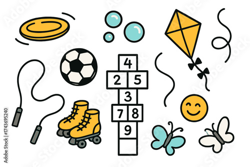 Playful Outdoor Doodles. Outdoor Games. Hand-drawn doodle illustration frisbee (colored), soccer ball, bubbles (colored), kite, roller skates (colored), jump