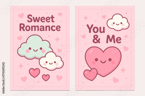 Kawaii Love Banners. Sweet Romance. Two vertical A6 banners with safe margins, centered composition, no elements touching edges, kawaii style, pink and mint,