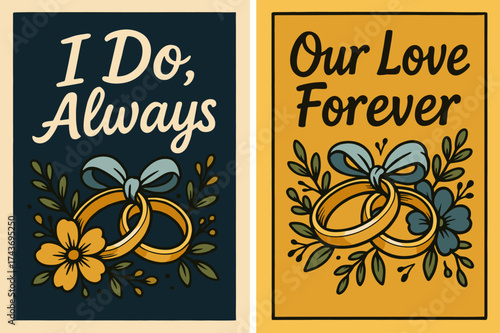 Wedding Banners Elegance. Vows. Two vertical A6 banners, cartoon, navy and gold backgrounds, wedding rings with ribbon and floral accents, first banner with