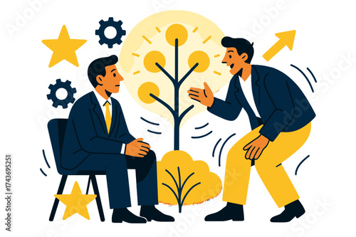 Leadership Growth Dynamics. Leadership growth. Executive sitting with mentor, glowing tree of goals behind them. Floating icons of stars and gears representing