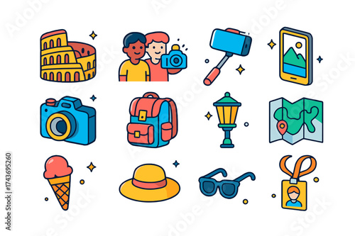 Sightseeing Icons Collection. Sightseeing trip. Colorful isometric vector icons set of sightseeing trip: landmark, friends taking photo, selfie