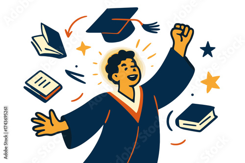 Graduate's Cap Celebration. College graduation. Glowing graduate tossing cap in the air, abstract floating books and stars emphasizing knowledge, achievement,