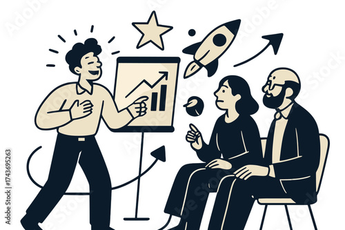 Startup Pitch Excitement. Pitch session. Startup founder glowing as they present an idea on screen, while mentors listen. Floating star, chart, and rocket