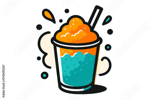 Colorful Slush Delight. Icy Slush Drink. A glowing cup filled with colorful icy slush, straw sticking out, abstract floating droplets around. Refreshing and