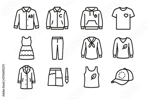Personalized Clothing Icons. Personalized clothing. Line icon set of Personalized clothing: monogram shirt, custom jacket, embroidered hoodie, printed T-shirt,