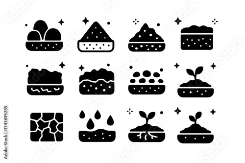 Soil Types Icons. Soil Types. Solid icons set of clay soil, sandy soil, loam soil, silt soil, peat soil, chalk soil, gravel, soil layers, dry cracked soil, wet