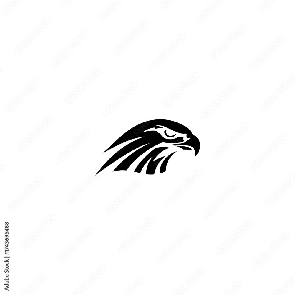 Fototapeta premium Black and white illustration of a falcon's head in profile, bold lines, centered on a white background
