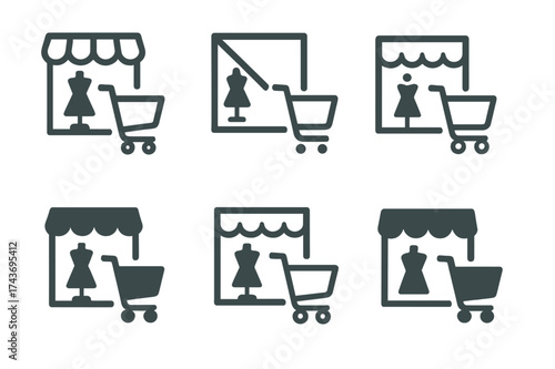 Harmonious Logo Designs. Window shopping. Set Logo of window shopping: shopping cart beside display window. harmonious logo variations of the same emblematic