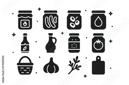 Pickle Jar Icons. Preserves & Pickles. Solid icons set of jam jar, pickle jar, olive jar, honey jar, chili sauce, vinegar bottle, spice jar, tomato jar,