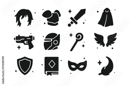 Cosplay Icon Collection. Cosplay costumes. Solid icons set of anime wig, armor shoulder pad, foam sword, cloak, sci-fi gun, robotic helmet, fantasy staff,