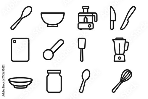 Hummus Utensil Icons. Hummus utensils. Line icon set of Hummus utensils: wooden spoon, bowl, food processor, knife, cutting board, measuring spoon, spatula,