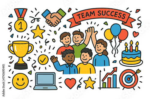 Teamwork Celebration Icons. Team success. Colorful Hand-drawn doodle Children illustration Team success trophy, medal, confetti, handshake, high five, group of