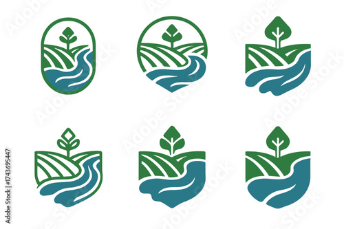 Monsoon River Logos. Impact of monsoons on tropical agriculture. Set Logo of overflowing river: water current reaching farmland. harmonious logo variations of