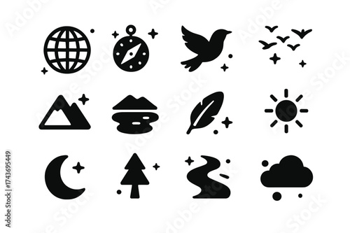 Long-Distance Travel Icons. Long-distance travel. Solid icons set of Long-distance travel: globe, compass, flying bird, flock in V-formation, mountain, lake,
