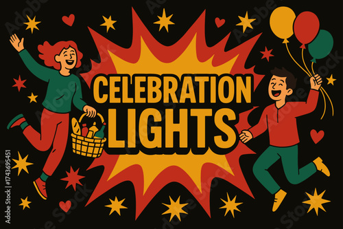 Celebration Lights Extravaganza. Celebration Lights banner, flat vector illustration, bold oversized text inside splash explosion, cartoon characters jumping