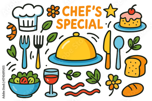 Chef's Colorful Essentials. Chef?s Special. Colorful Hand-drawn doodle Children illustration plate, covered dish, chef hat, fork, knife, spoon, garnish leaf,