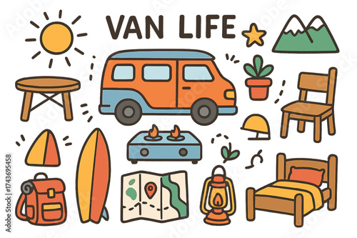 Van Life Doodle. Van Life. Colorful Hand-drawn doodle Children illustration camper van, bed, stove, table, chair, backpack, plant, surfboard, map, lantern,