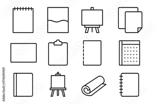 Drawing Surfaces Icon Set. Drawing surfaces. Line icon set of drawing surfaces: sketch pad, watercolor sheet, canvas, tracing paper, drawing board, clipboard,