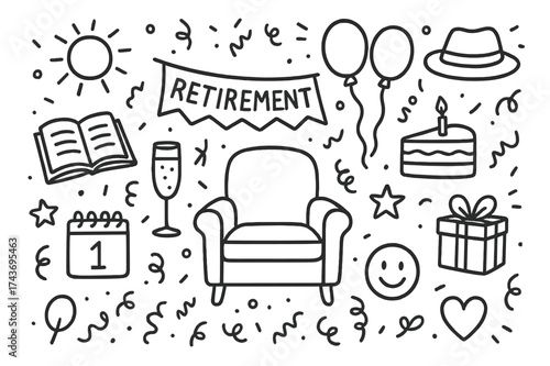Retirement Celebration Icons. Retirement. Hand-drawn doodle illustration retirement chair, calendar, champagne glass, balloons, confetti, cake, sun, hat,