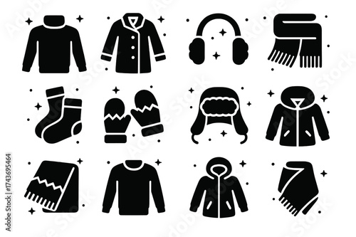Winter Wool Icons. Winter Wool. Solid icons set of Winter Wool: turtleneck sweater, wool coat, earmuffs, thick scarf, wool socks, wool mittens, fur-lined
