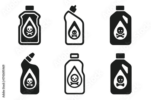 Chemical Hazard Logos. Drain cleaning chemicals. Set Logo of bottle icon: chemical container with hazard droplet. harmonious logo variations of the same