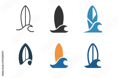 Surfboard Logo Designs. Water sports training. Set Logo of Water sports training: Surfboard. harmonious logo variations of the same emblematic concept, each