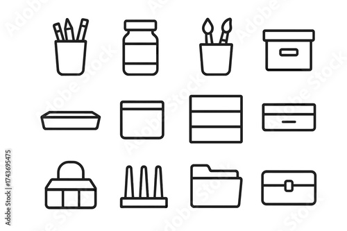 Organizing Tools Icons. Organizing tools. Line icon set of organizing tools: pencil holder, paint jar, brush cup, storage box, tray, container, shelf, drawer,