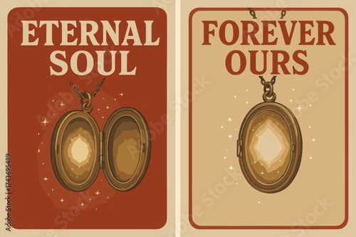 Eternal Soul Banners. Eternal Soul. Two vertical A6 banners, retro, red and beige backgrounds, vintage locket emitting ethereal light and tiny star dust, first