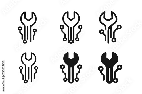 Robotic Circuit Wrench Logos. Robotic maintenance crews. Set Logo of circuit wrench: wrench integrated with electronic lines. harmonious logo variations of the